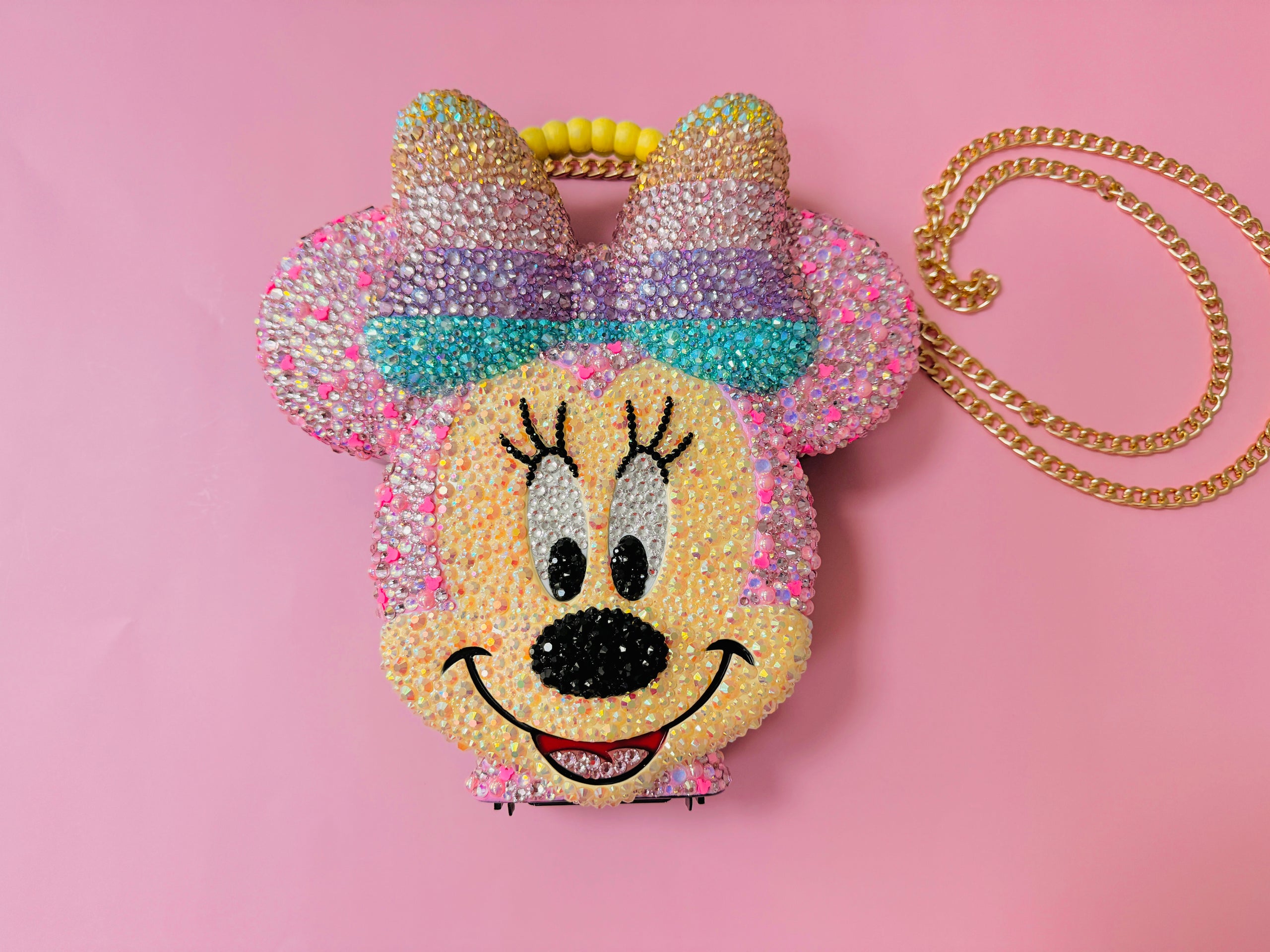 Rhinestoned Pink Minnie Mouse With Rainbow Bow Crossbody Bag Case A Sprinkle Of Stardust